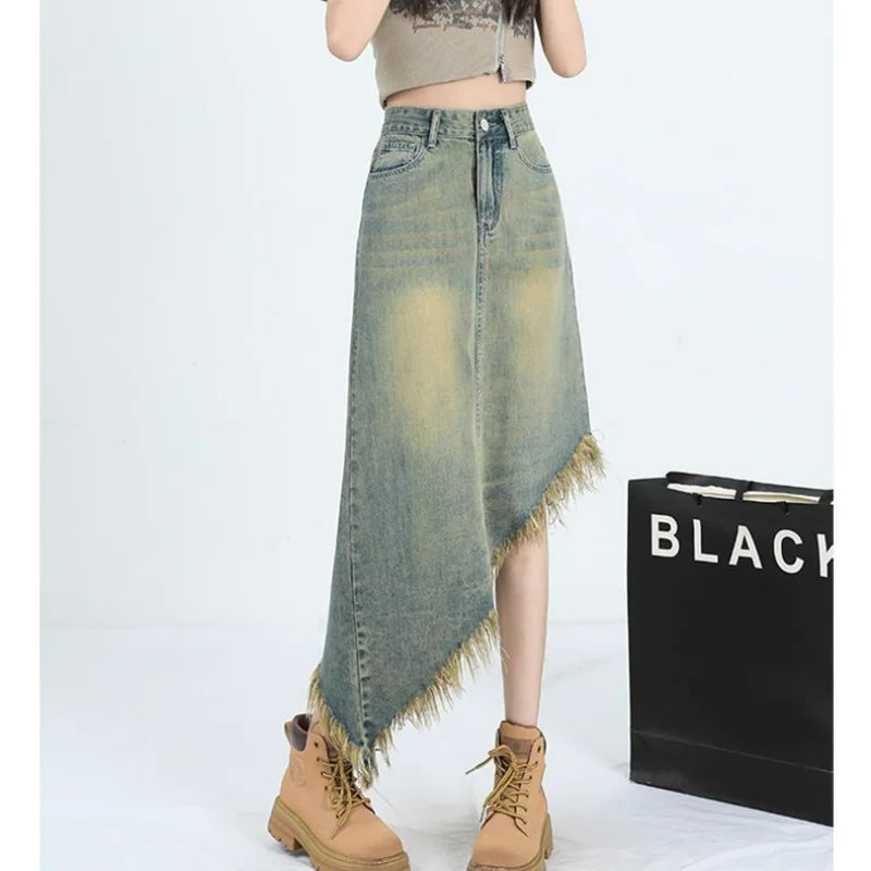 vmtvr Tassel Raw Edge Women Midi Denim Skirt Spring Summer Korean Streetwear Fashion Irregular Distressed Straight A-line Skirt Shorts