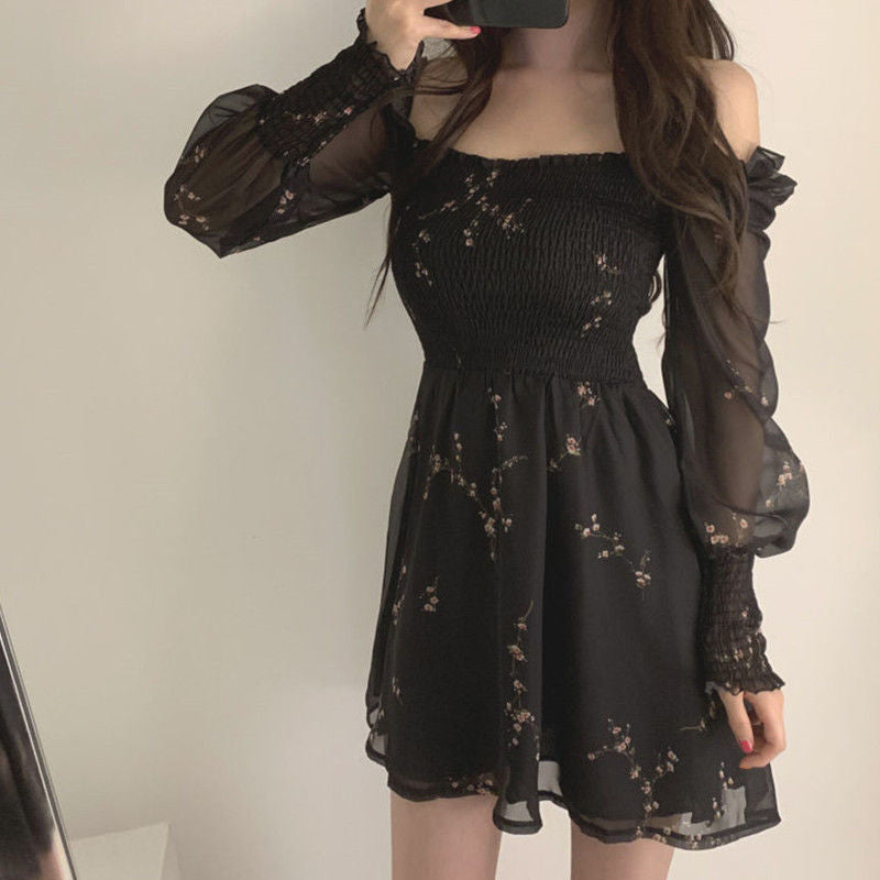 vmtvr - Korean Vintage Flower Black Dress Women Long Puff Sleeve Chiffon Spring Dresses Casual Mini Dress Vestidos Mujer Clothes