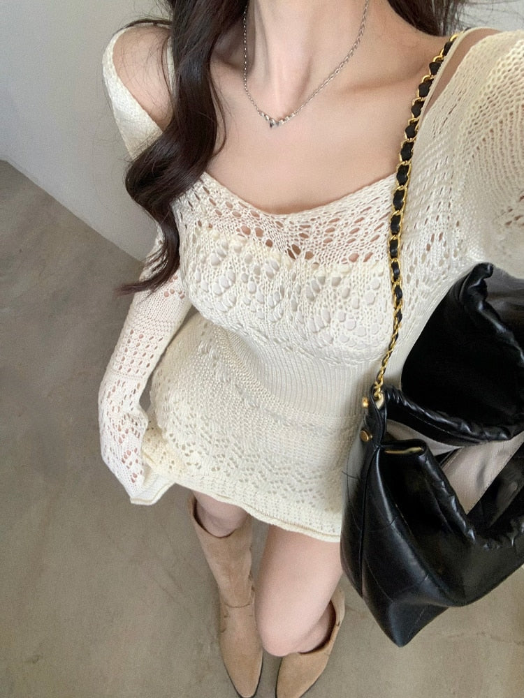 vmtvr - Autumn Elegant Knitted Dress Women Long Sleeve Lace Short Party Dress Korea Fashion Slim Sexy Y2k Mini Dress Female Vintage