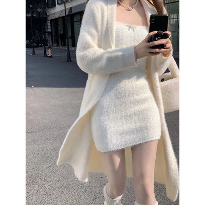 vmtvr  -  Two-piece Suit Dress Skirt Sets Women Autumn Winter Mink Cardigan Mini Dress Y2k Sexy Slim White Black Suit Streetwear Sweater