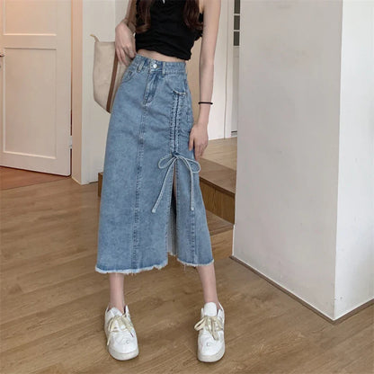 vmtvr Y2K High Waist Women Jeans Skirts Korean Fashion Bandage Female Tassel Midi Skirts Summer Casual Streetwear A Line Skirts