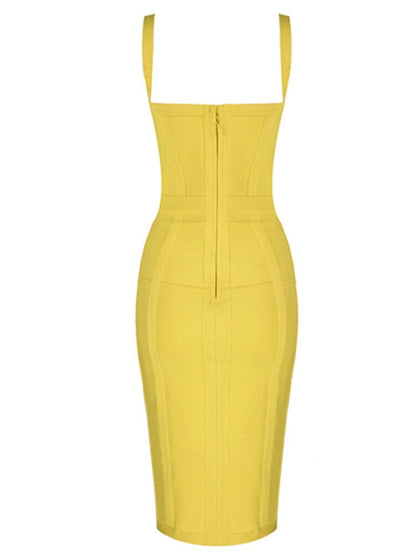 Sexy Sleeveless V Neck Yellow Midi Women Bodycon Bandage Dress 2023 Designer Fashion Evening Party Dress Vestido