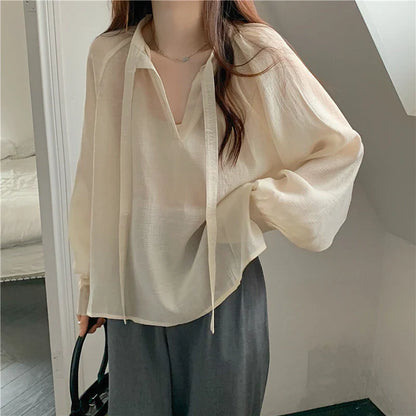 -Fall Outfits Long Sleeve Top Korean Fashion Micro Through Chiffon Shirts Women Spring Summer New Loose Ribbon Stand Collar Long Sleeve Blouses Tops Mujer