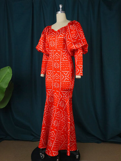 Maxi Long Dress Women Party Printed Mermaid Long Lantern Sleeve Vintage Retro Large Size  African Event Celebrate Gown New