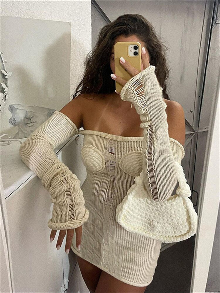 Off Shoulder Wrapped Chest Long Sleeve Dresses Female Skinny Casual Streetwear Vestidos Women's Knitted Solid Mini Dress