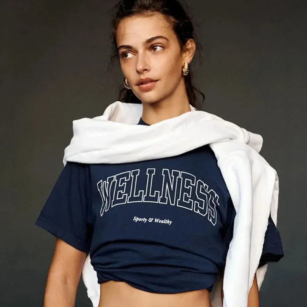 -Retro sports style outfit streetwear 90s fashion Health Club Retro Style Women Navy Short Sleeve T shirts Loose Cotton Summer Casual Wellness Tees Letters Printing Women Shirts