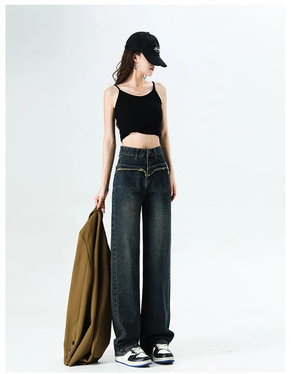 vmtvr Original Design Pocket Ragged Edge Wide Leg Jeans 2024 New Spring And Summer Women's High Waist Loose Casual Straight Leg Jeans