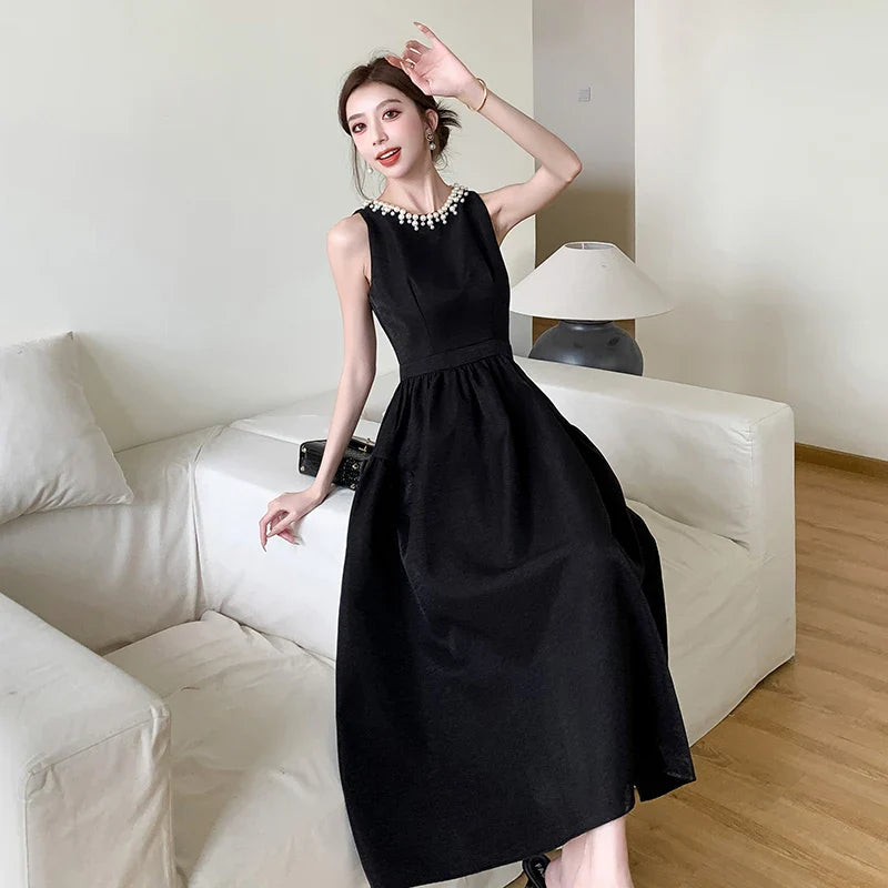 vmtvr  -  Elegant Black Midi Dress for Women Summer New Fashion Sleeveless A-line Pleated Solid Office Casual Korean Female Clothing