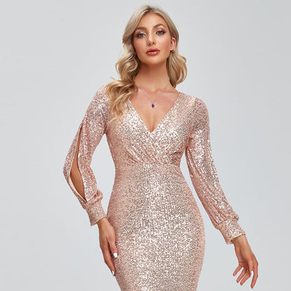 New Women Elegant V-neck Mermaid Evening Dress Floor Length Formal Prom Party Gown Sequins Long Sleeve Galadress Vestidos