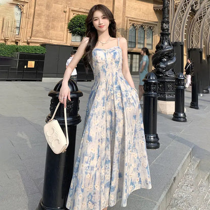 vmtvr  -  Summer Print Elegant Beach Dress New Women Vintage Pearl Beading Sweet Midi Dress Female Princess Fairy Strap Evening Dress