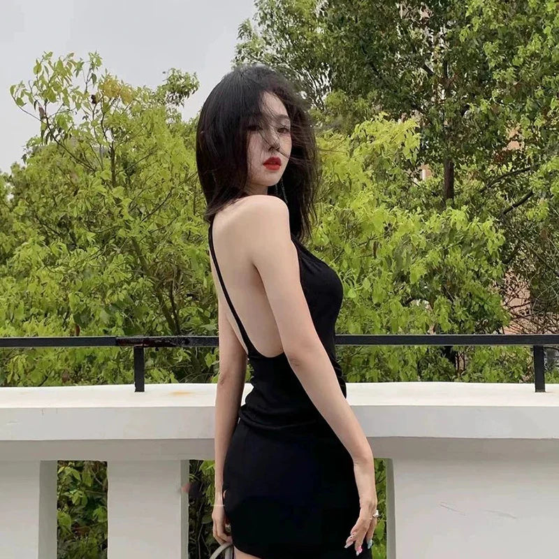 vmtvr Women Backless Bodycon Dress Korean Summer Solid Black Fashion Casual All Match Sexy Slim Fit Hanging Neck Female New Dresses