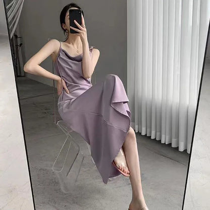 vmtvr Korean Purple Satin Midi Dress Women Fashion Folds Spaghetti Strap Dress Woman Elegant Summer Waist-Tight Party Dresses