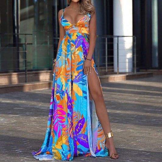 vmtvr Summer Sexy Slit Flower Print Bohemia Dress for Women High Waist Maxi Beach Dresses Elegant V Neck Suspenders Floor-Length Dress