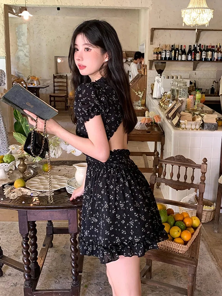 vmtvr Dresses Women Puff Sleeve Holiday Sundress Hollow Out Floral Design Korean Style College Lovely Simple Trendy Summer Vestidoes