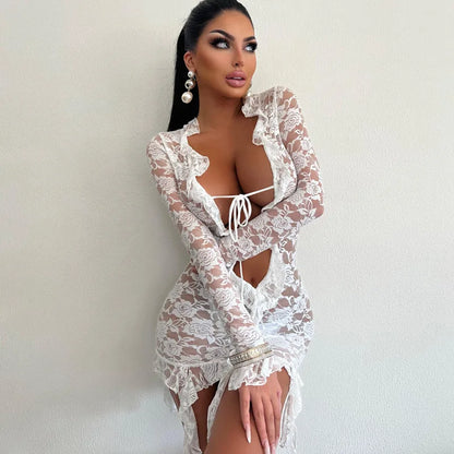 Fashion Lace Trim Sheer Tie Front Mini Dress Long Sleeve Fringe Outfits for Women Club Party Sexy Bodycon Dresses