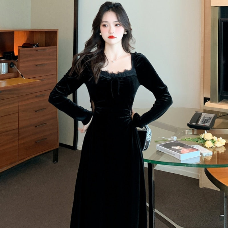 vmtvr -  New Spring and Fall Vintage Black Long Sleeve Dress Woman Elegant Fashion Velvet Midi Dress Korean Style Even Party Dresses