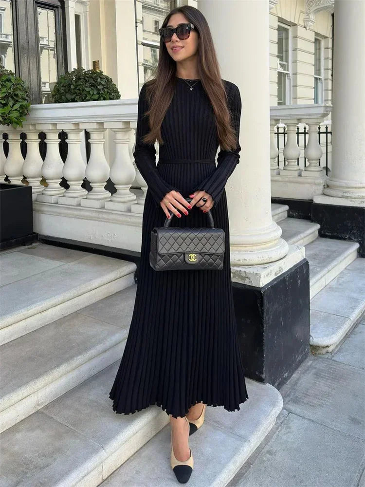 vmtvr Lace-Up Female Knit Maxi Dress Autumn High Waist Fashion Patchwork Long Sleeve Loose Solid Dress Bandage Knitwear Dress