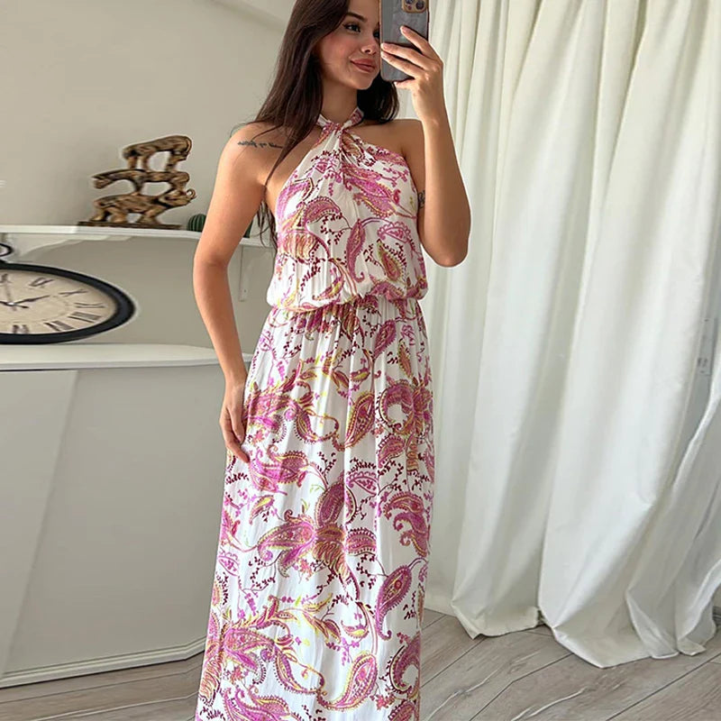 vmtvr Sexy Halter Elastic Waist Boho Long Dress Women Spring Pattern Print Side Slit Party Dress Summer Off Shoulder Hollow Maxi Dress