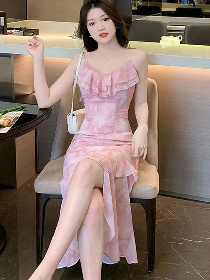 vmtvr 2024 Pink Chiffon Chic Ruffled Sling Long Dress Summer Elegant Casual Beach Sundress Women Korean Bodycon Mermaid Evening Dress