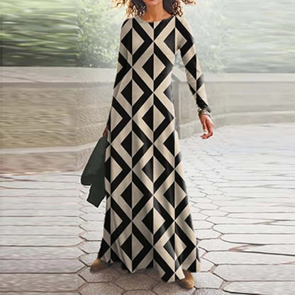 vmtvr  Spring Geometric Print Long Party Dress Women Elegant O Neck Office Maxi Dress Autumn Long Sleeve Hem Boho Lady Dress Mujer