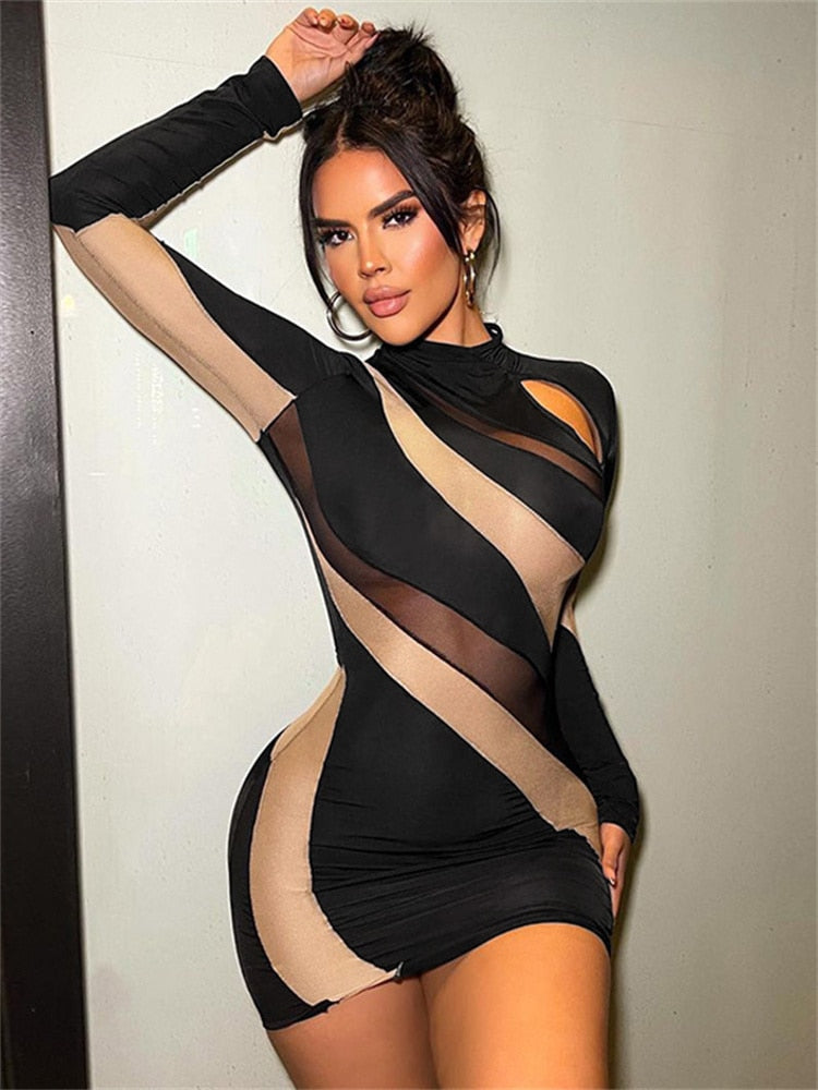 Mesh Patchwork Sexy Y2K Clothes Long Sleeve O-Neck Bodycon Mini Dresses Women 2023 Club Birthday Party Elegant Outfits