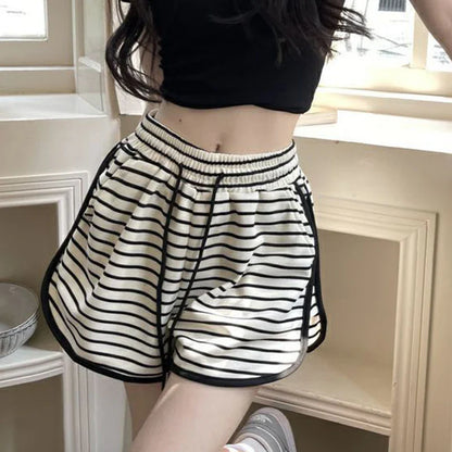 vmtvr Women High Waist Sports Shorts Summer Fashion Stripes Loose Wide Leg Pants Korean Casual Female All Match Shorts New