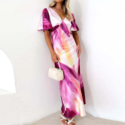 vmtvr Sexy V-neck Tie Dye Printed Long Dress 2024 Summer Short Sleeved Side Slit Beach Dress Elegant Women's Slim Party Dress Vestidos