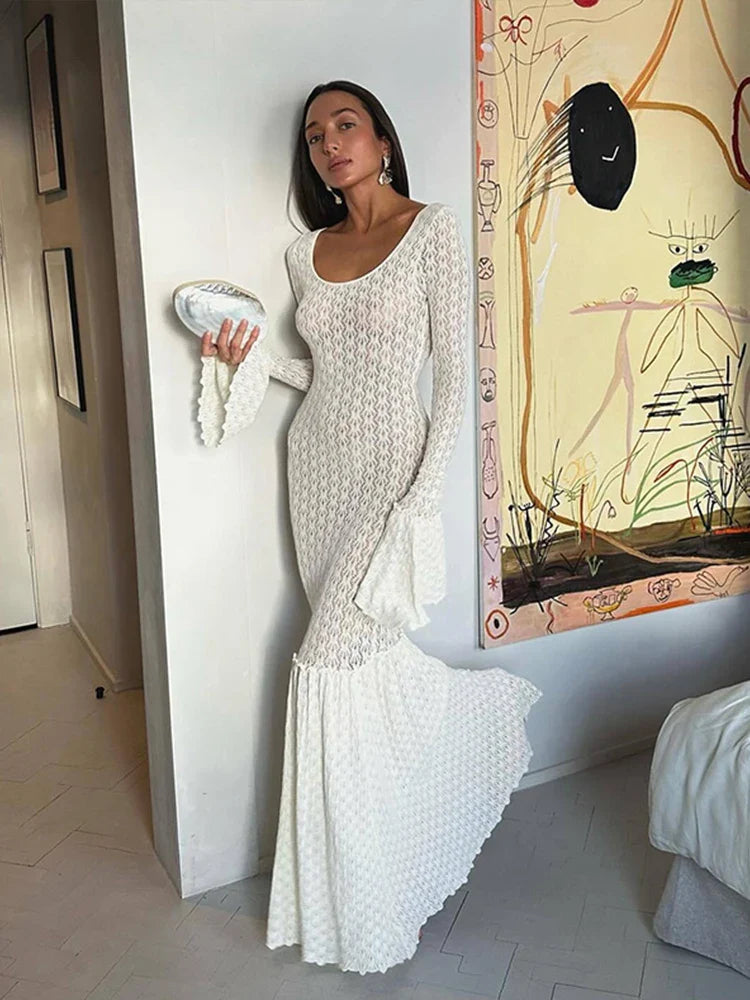 vmtvr  -  Sexy Knit Beach Long Dress Women Hollow-Out O-Neck Full Flare Sleeve Bikini Cover-Ups Dresses Fall Backless Holiday Party Robe