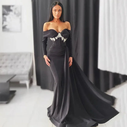 vmtvr  - Sexy Black Long Sleeves Evening Dresses sweetheart Off The Shoulder Soft Satin High Split Prom Dress Formal Elegant Vestidos