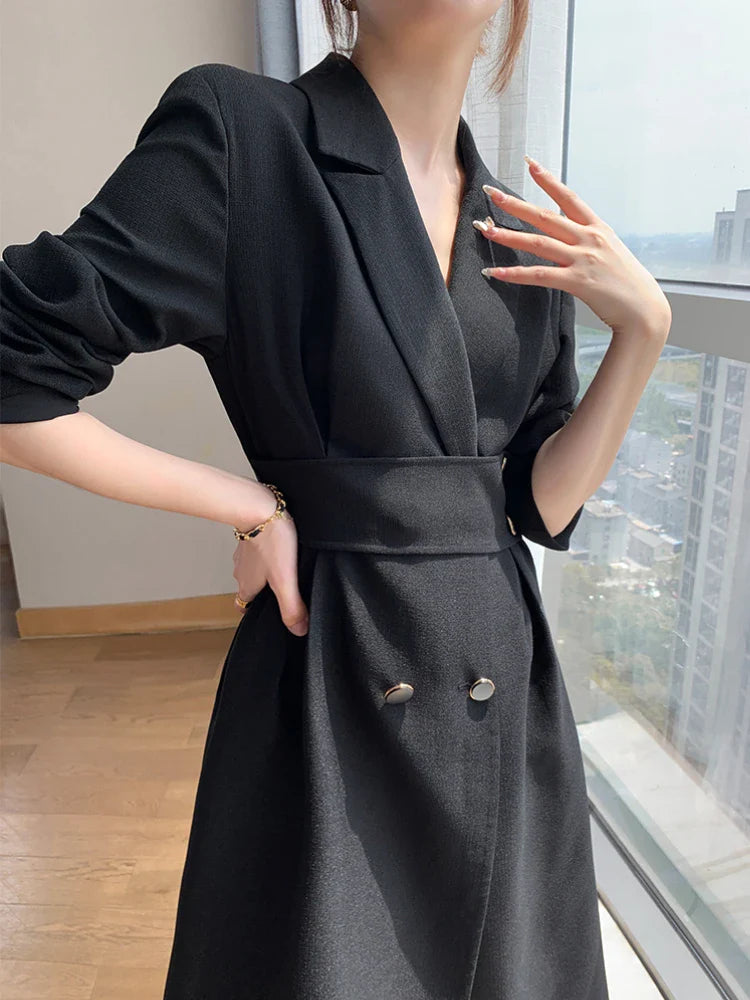 vmtvr Women's Spring Autumn Casual Elegant Midi Black Dress Long Sleeve A-Line Party Vestidos Female Fashion Korean Outwear Clothes