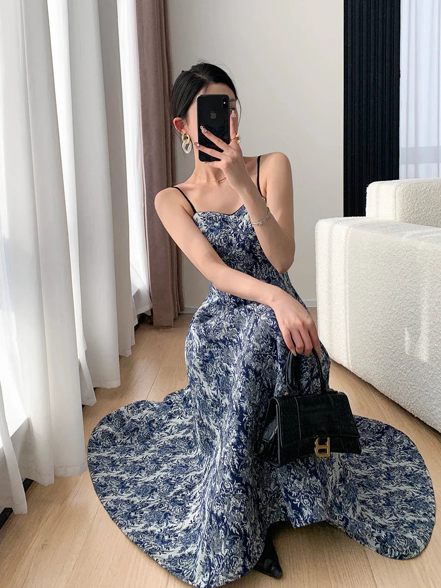 vmtvr  -  Elegant Women Fashion New Floral Casual Midi Dress Spaghetti Strap Slim A-Line Maxi Vestidos Female Chic Vintage Mujers Robe