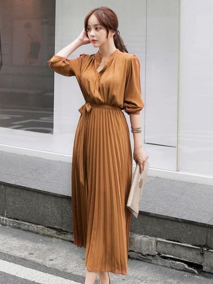 vmtvr Elegant Chiffon Long Sleeve Shirt Dress Women Belt Lace Up A-line Pleated Maxi Dress Korean Fashion Fall Clothes Streetwear