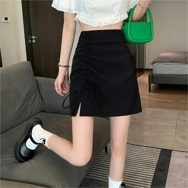 vmtvr Lace Up Women High Waist Skirts Summer Fashion Shirring Female Mini Skirts Y2K Casual Korean Slim Fit Split Skirts