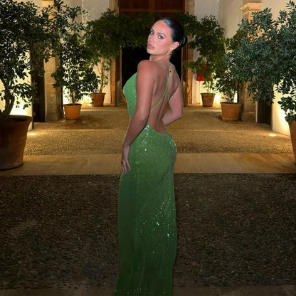 vmtvr  -  Green Sequins Long Dress Women Sexy Backless Slim Evening Party Dresses Summer Fashion Spaghetti Strap Holiday Beach Dress