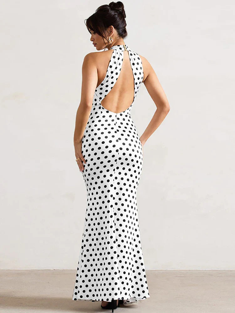 vmtvr Sexy Backless Print Dots Women Maxi Dress White Sleeveless High Waist Halter Dress 2024 Summer Skinny Party Clubwear