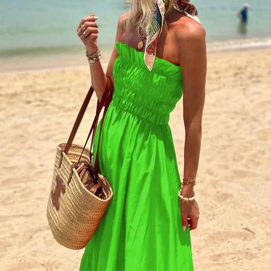 vmtvr Women Sexy Pleated Elastic Strapless Long Dress Vintage Summer Solid Slim A-Line Beach Dress Fashion Holiday Maxi Party Dresses