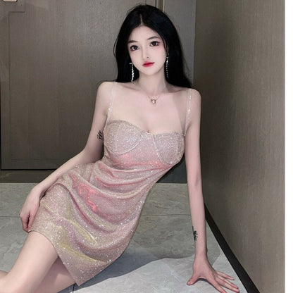 vmtvr - Gold Shiny Mini Dress Women Backless Sexy Short Dress Female Sleeveless Strapless A-line Sequins Dress Spaghetti Straps