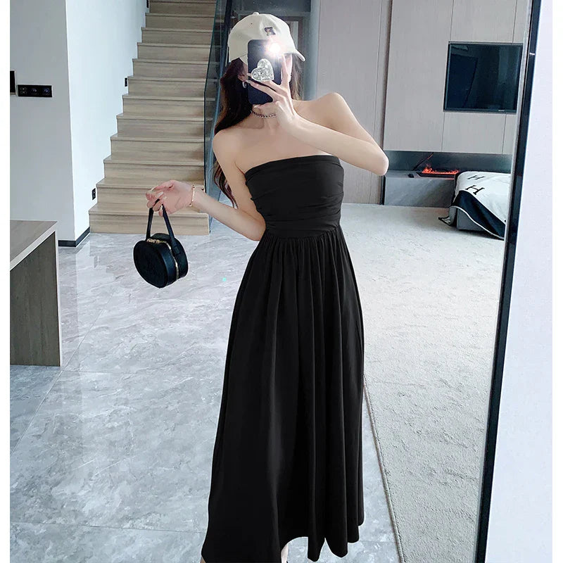 vmtvr  -  Midi Dresses for Women Summer New Modal Casual Female Clothes Sexy Sleeveless Sundress Pleated Korean Fashion Black Dress