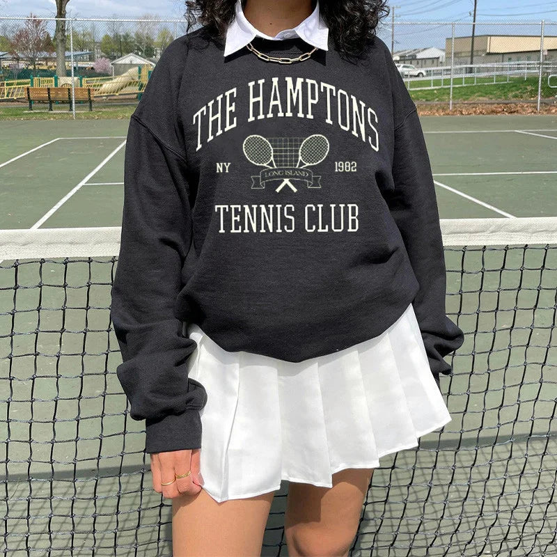 -Retro sports style outfit streetwear 90s fashion The Hamptons Tennis Club 1982 Vintage Printing American Fashion Women Sweaters Loose Cotton Autumn Thick Pullover Sweatshirts