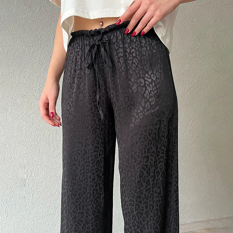 vmtvr Summer Black Pants Women Fashion Lace-up Loose Trousers Ice Silk Casual Leopard Print Retro High Waist Straight Pants Streetwear