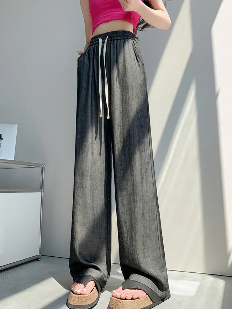 vmtvr Women's Jeans Summer High Waist 2024 New Ice Silk Wide-leg Pants Full Length Drawstring Blue Loose Cool Denim Trousers Women