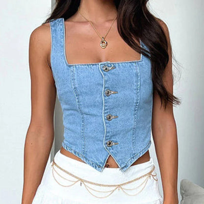 vmtvr Summer Casual Sleeveless Square Neck Vest Fashion Single-breasted Button Slim Fit Denim Top Women Elegant Pleat Solid Sling Tank