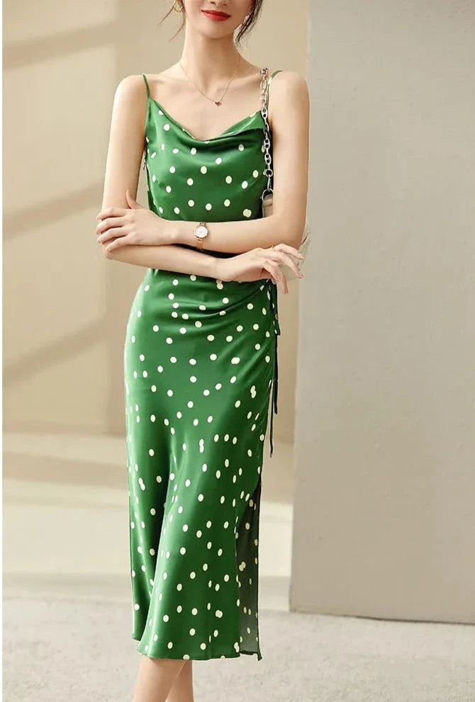 vmtvr - Summer Green Polka Dot Sexy Sundress for Women 2024 Elegant Dresses Shirring Lace-Up Sleeveless Midi Beach Dress