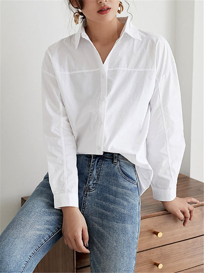 Cotton White Casual Women's Blouse  New Autumn Turn-Down Collar Female Blouse Tops Basic Workwear Office Shirts