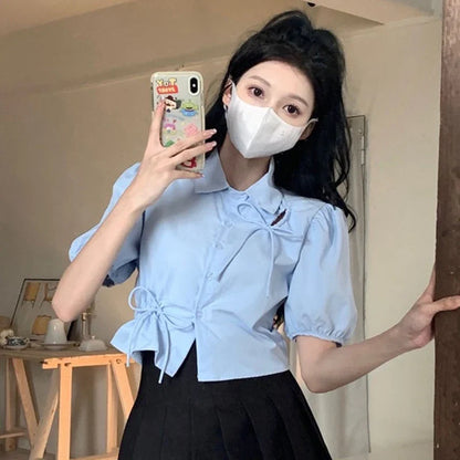 vmtvr Elegant Women Bow Shirt Korean Fashion Design Chic Tops Y2K Casual Female All Match Puff Sleeve Shirt Summer New