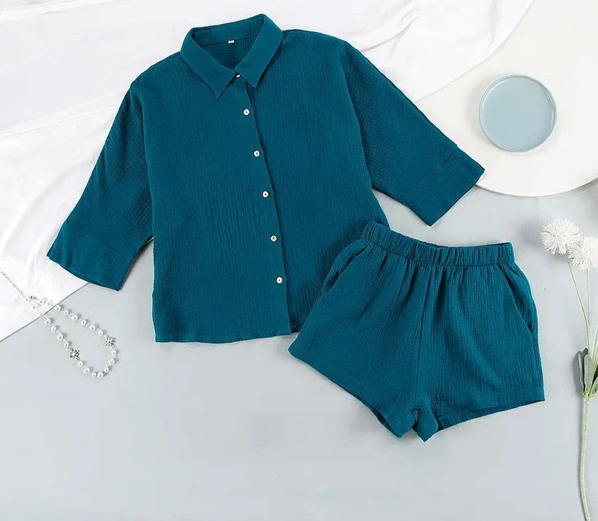 vmtvr Summer Homewear Shorts Sets Women Lapel Long Sleeve 2 Pieces Outfit Summer Elastic Waist Straight Shorts Women Suit