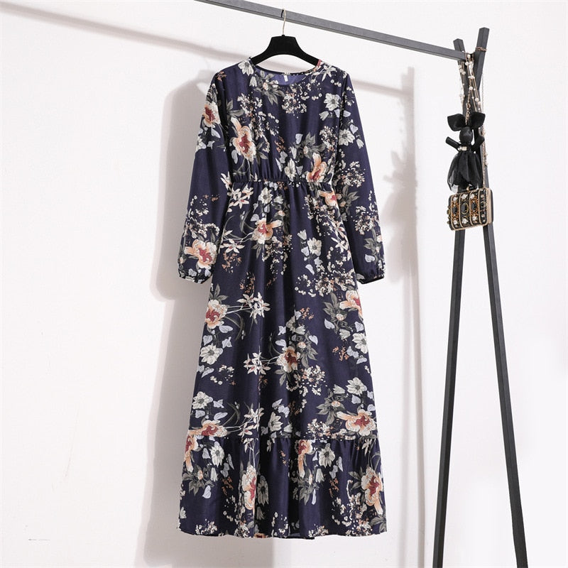 Women Maxi Dresses Spring Summer Casual Solid Full Sleeve Floral Printed O-neck Woman Bohe Beach Party Long Dress Mujer Vestidos