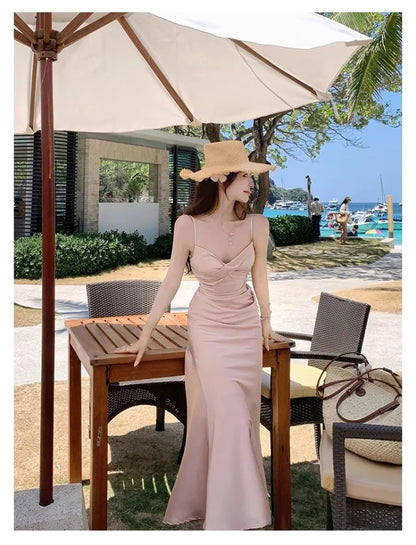 vmtvr  -  Summer Sexy Backless Satin Straps Midi Dresses for Women Elegant Party Sleeveless Female Clothing Beach Holiday Pink New