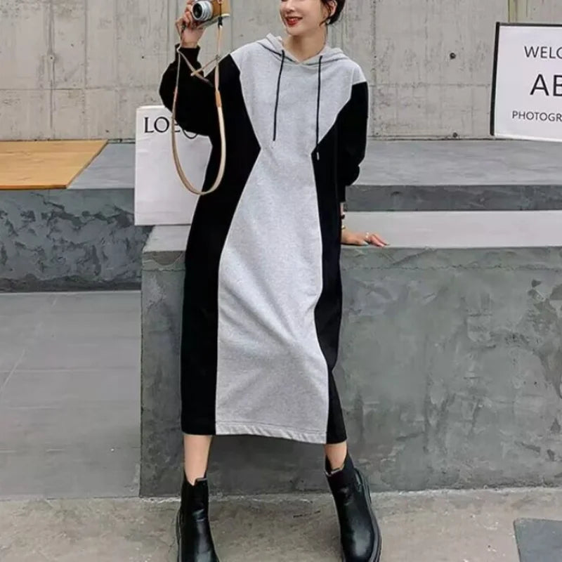 vmtvr Autumn New Loose Color Block Hoodie Dress Drawstring Patchwork Long Sleeve Pregnant Women Casual Versatile Straight Dresses