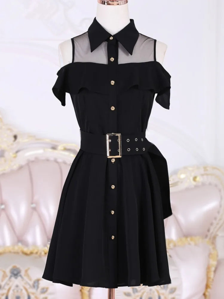 vmtvr  -  Korean OL New Single Breasted Women Summer Dress Sweet Chic Black office work Short mini Dresses With Belt Vestidos jurken